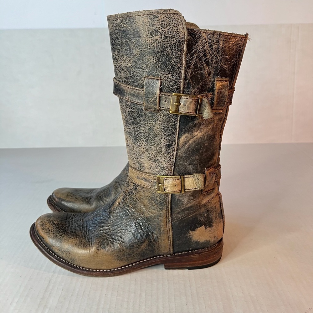 Bed Stu Distressed Metallic Brown Mid-Calf Combat Boots - Picture 4 of 13